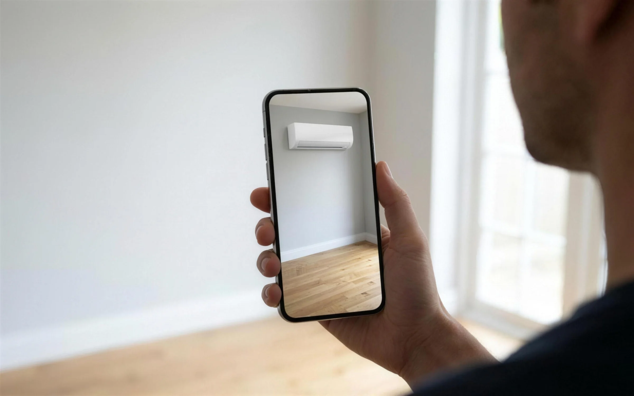 A phone held up in an empty room, showing an air conditioning unit placed on the wall in augmented reality