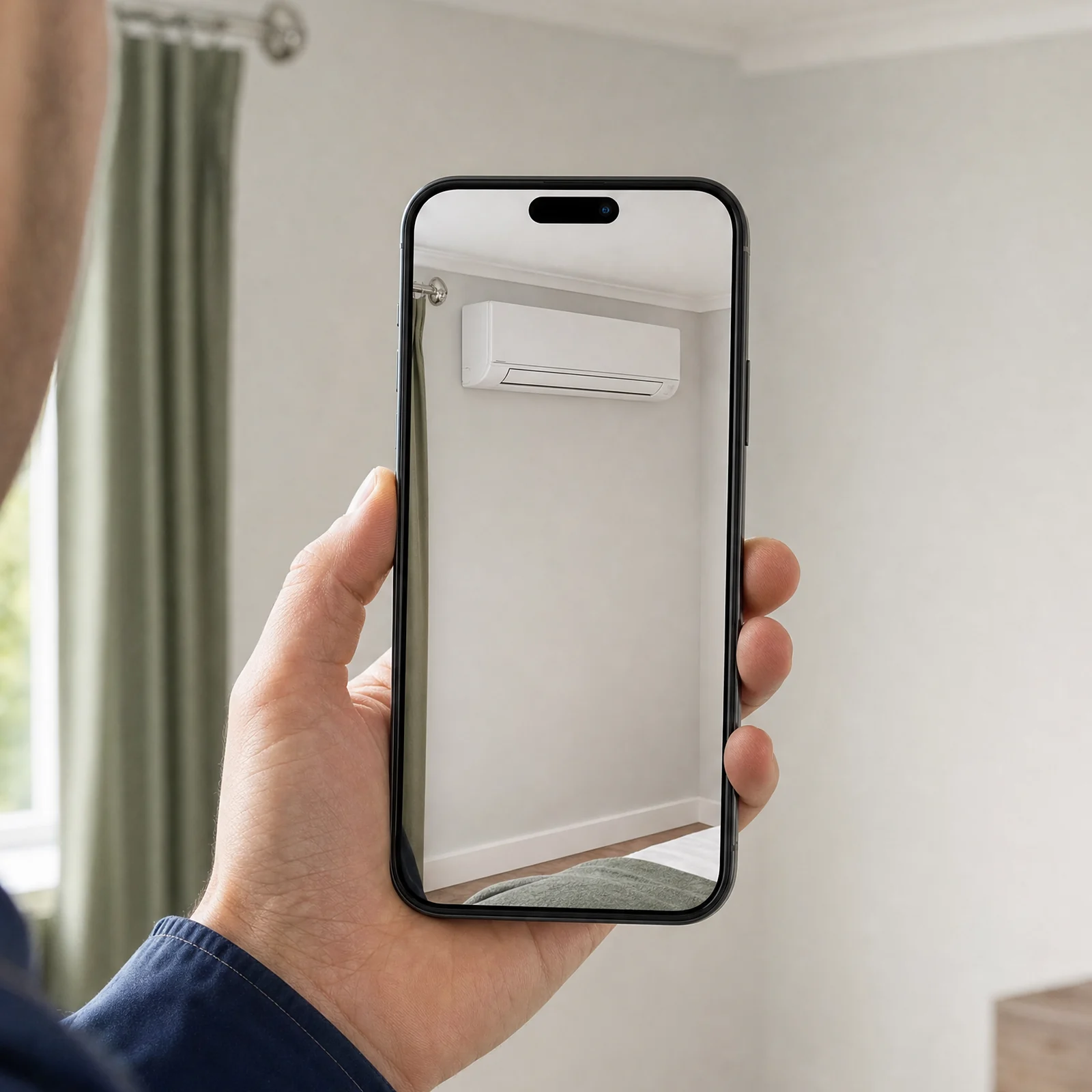 An installer holding an iPhone up to a bare bedroom wall; on the screen, the same wall with a wall-mounted air conditioning unit placed on it in augmented reality